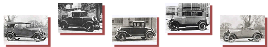 1929 Phaeton, 1930 Sport Coupe, 1931 Coupe, 1930 Fordor Sedan, 1928 Roadster
